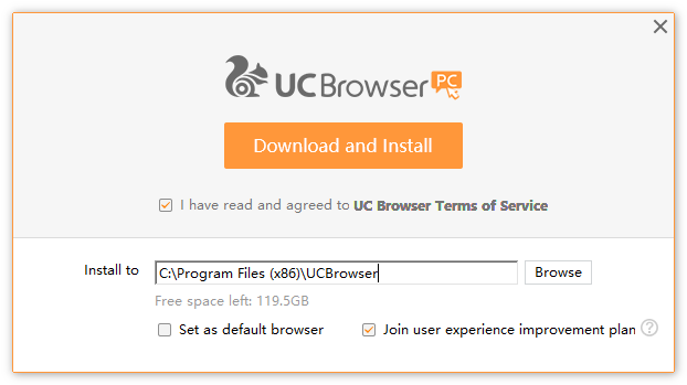 Окно установки браузера Uc Browser